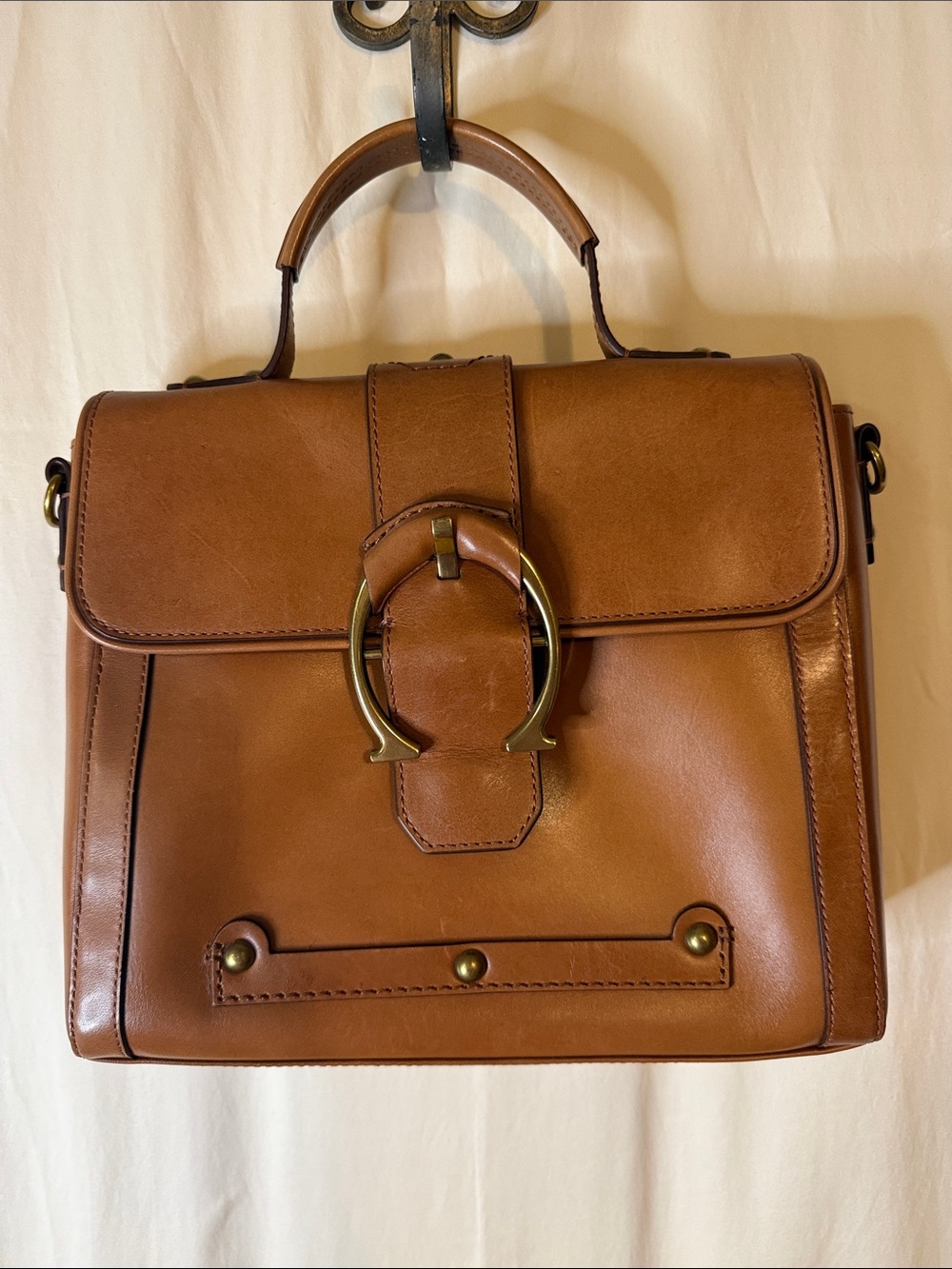 Etienne Aigner Cognac Tan Top-Handle Satchel with Brass Ring